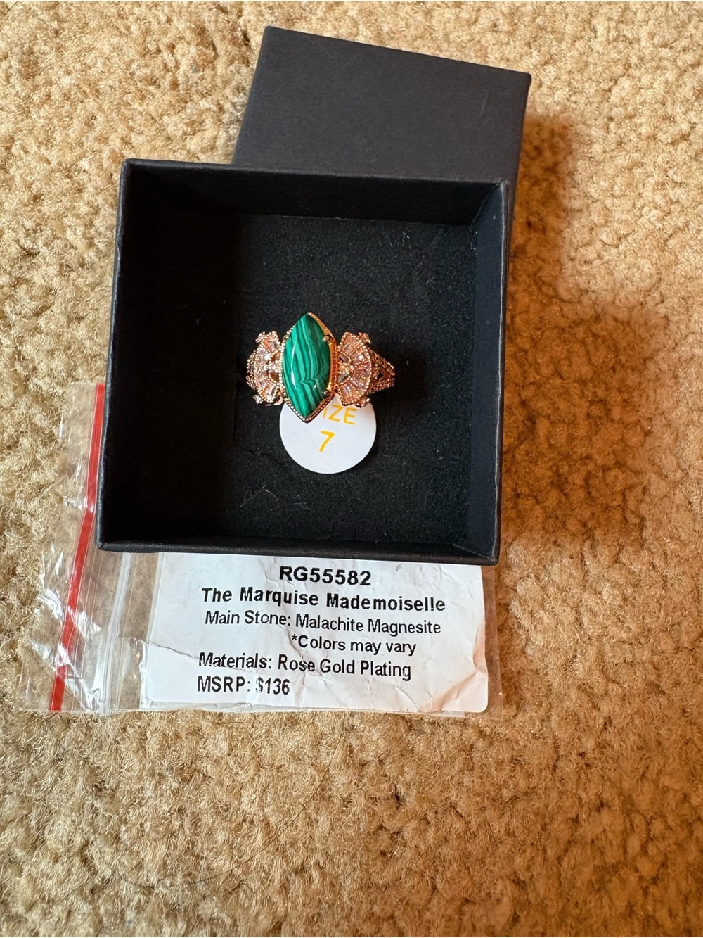 Rose Gold Ring with Green Malachite size 7